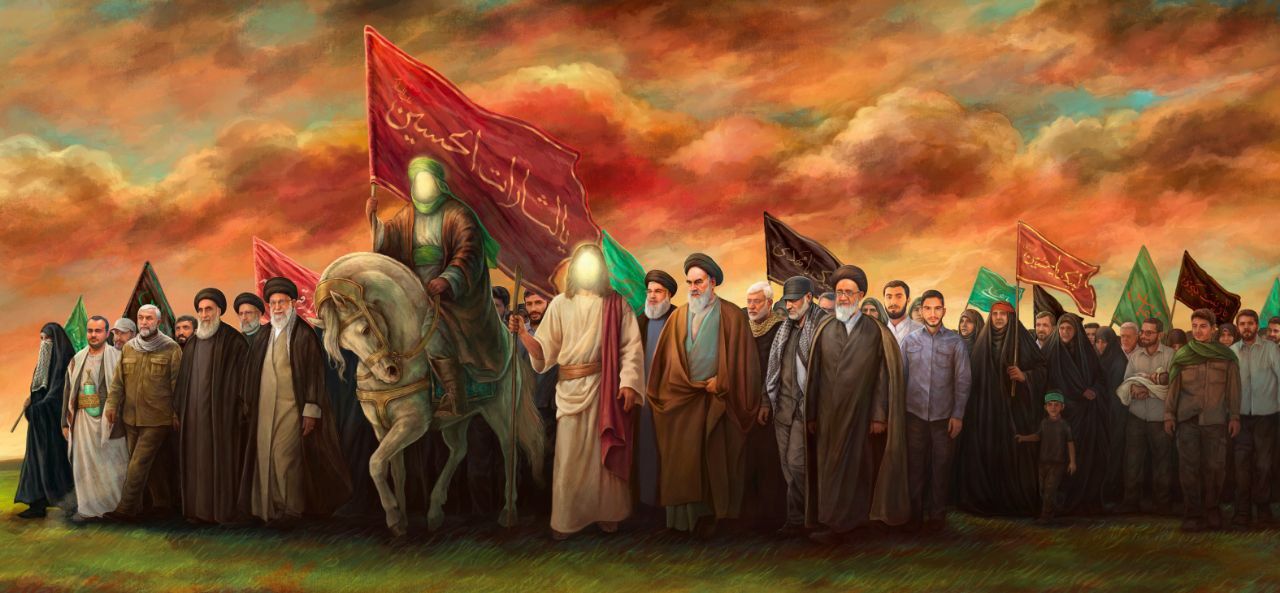 نقاشی کاروان عاشورایی با پرچم یا لثارات الحسین