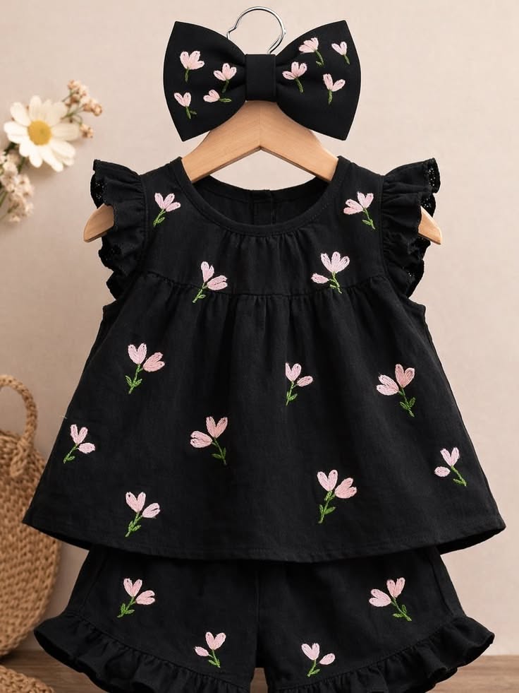 ست لباس دخترانه مشکی گلدوزی گل برای کودک