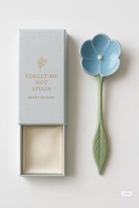 قاشق سرامیکی Forget-Me-Not آبی با دسته برگ سبز در جعبه خاکستری