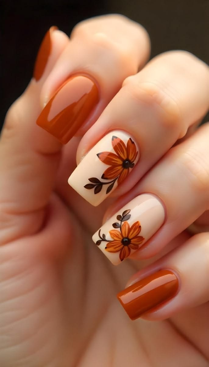 طرح ناخن قهوه‌ای گلدار با زمینه کرمی