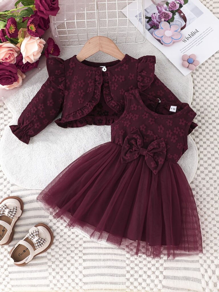 ست لباس دخترانه زرشکی مجلسی نوزادی و کودک