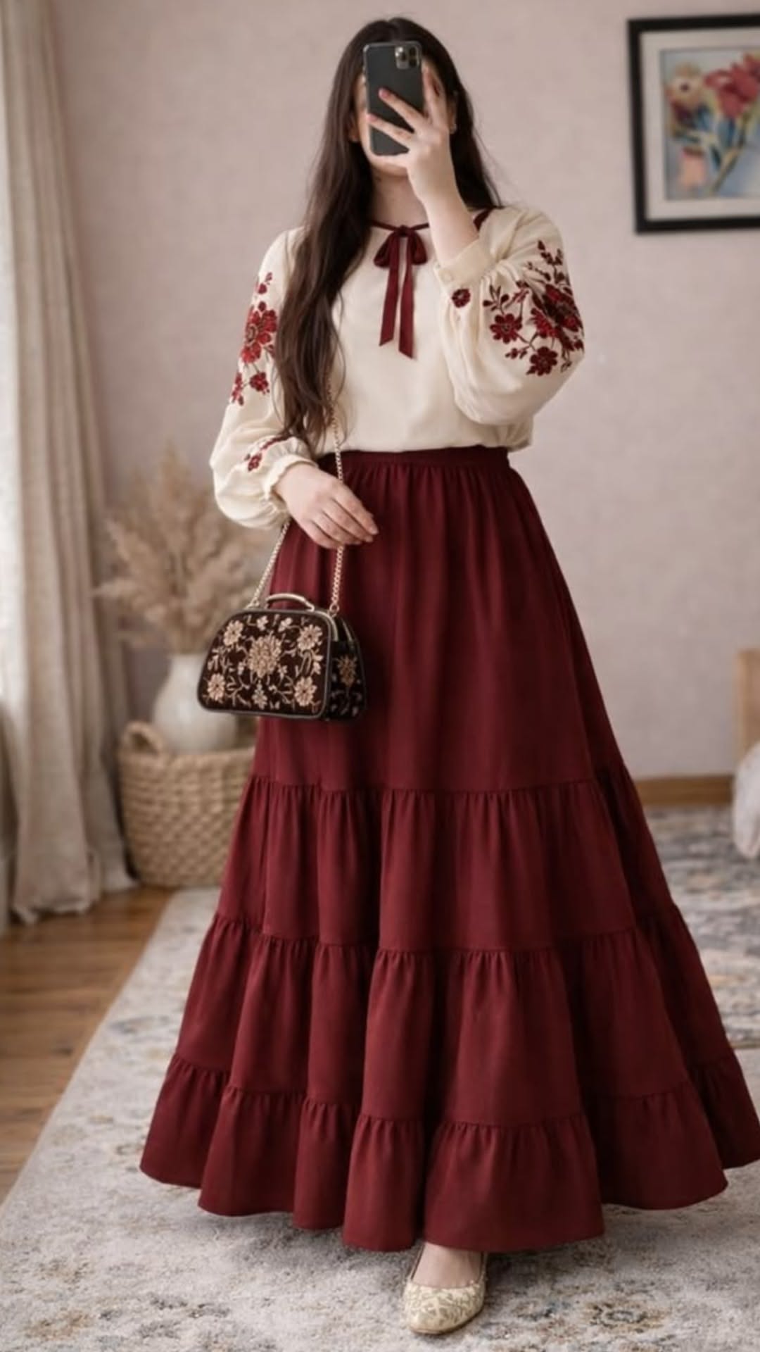 استایل شیک زنانه با دامن زرشکی و شومیز گلدوزی