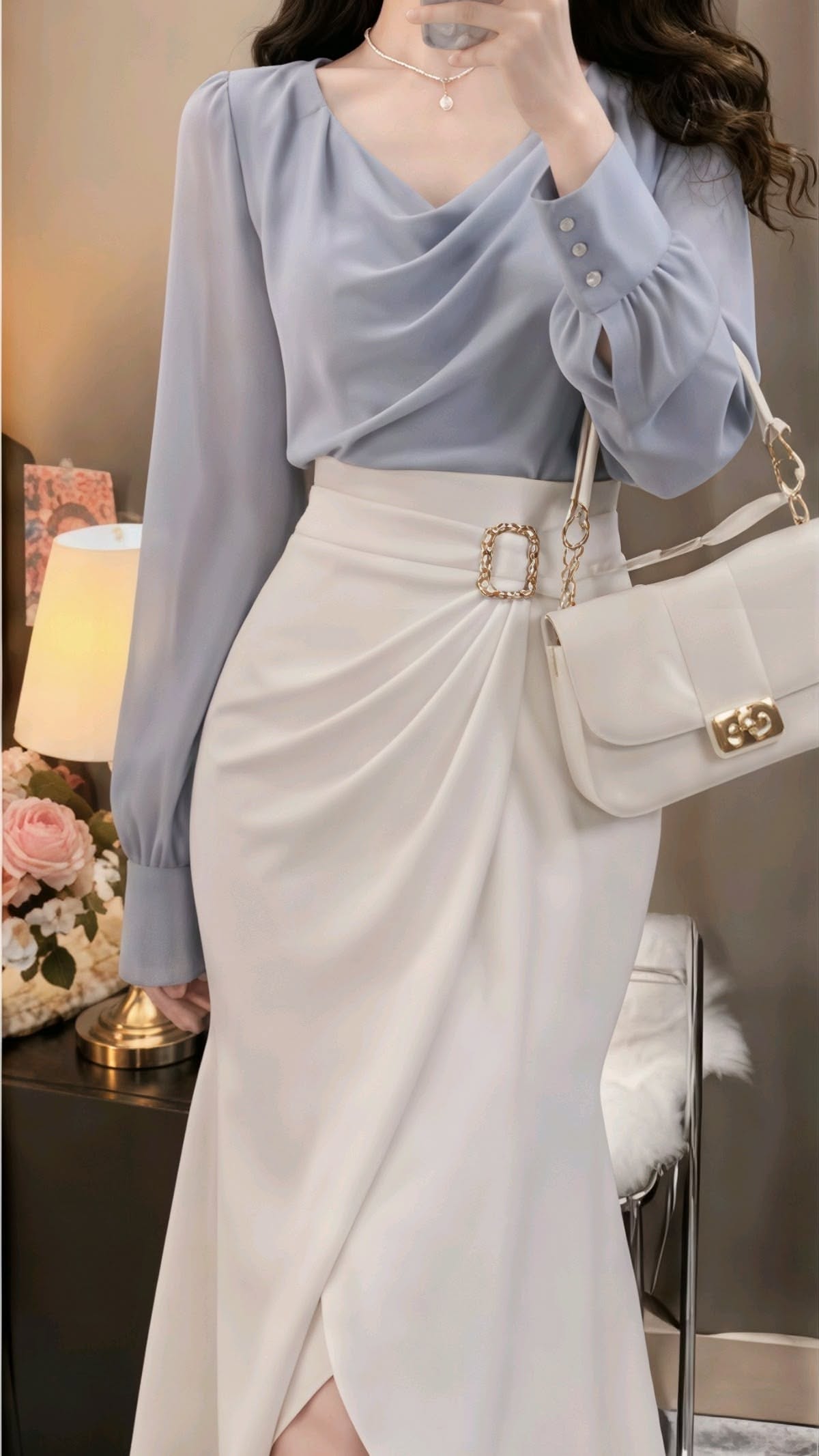 chic-womens-style-lilac-blouse-white-skirt
