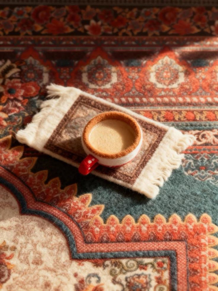 فنجان قهوه روی فرش سنتی با حس گرم و نوستالژیک