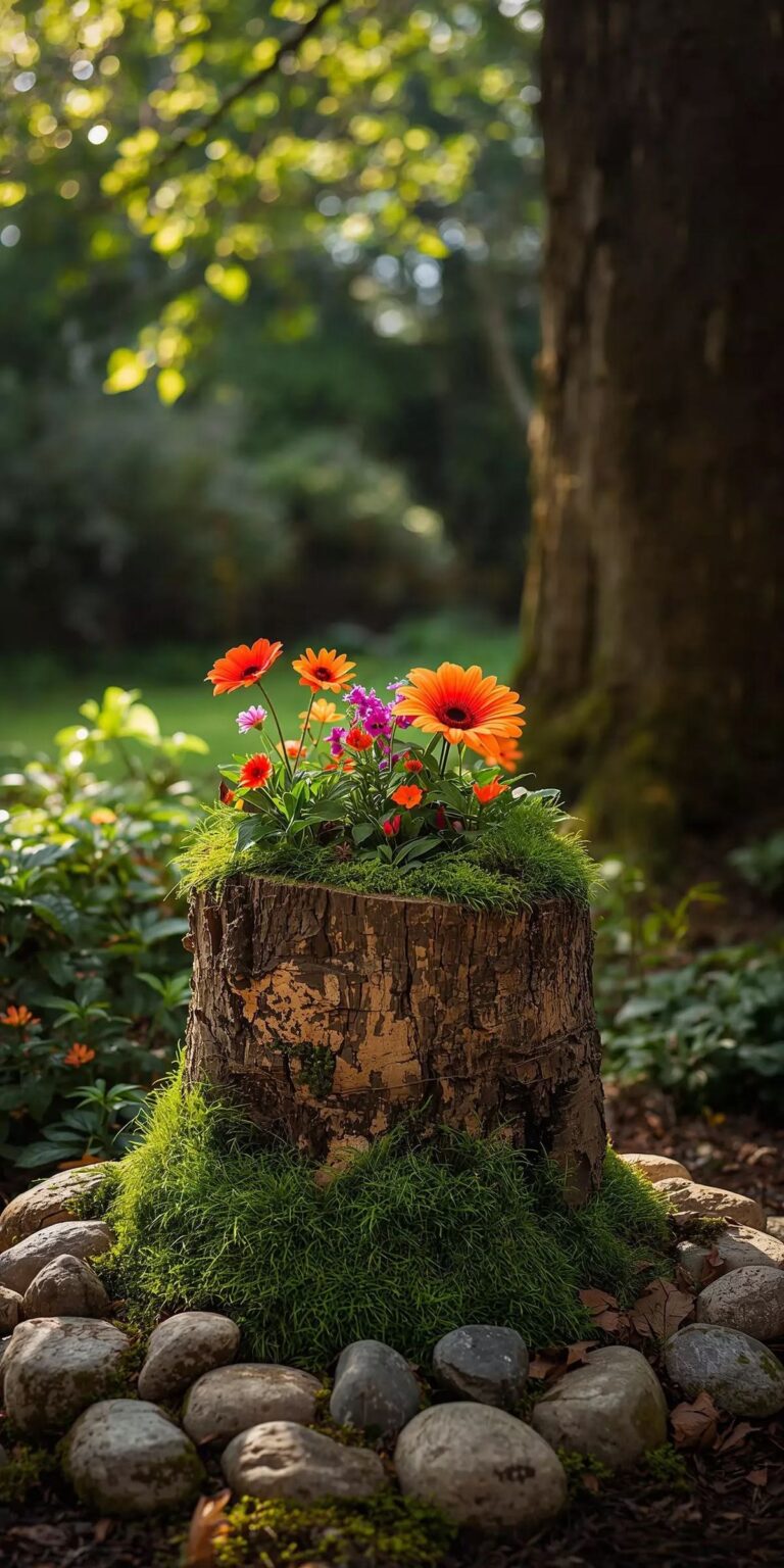 شکوفه‌های رنگارنگ بر کنده درخت در باغی آرام