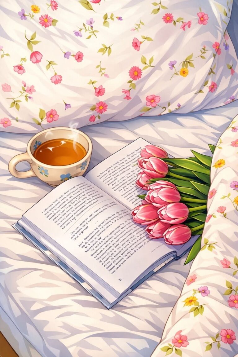 صبح آرام با کتاب، چای و لاله‌های صورتی