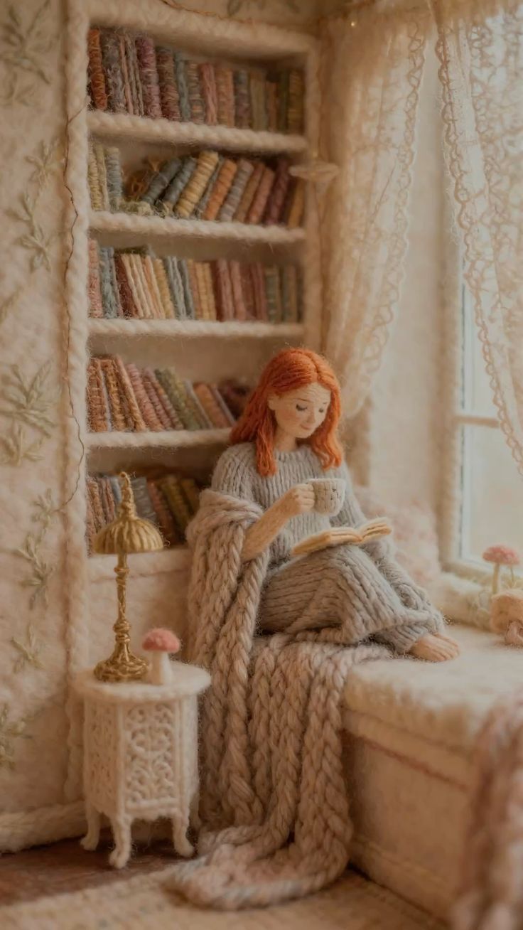 گوشه مطالعه دنج با کتابخانه، بافت نرم و نور لطیف
