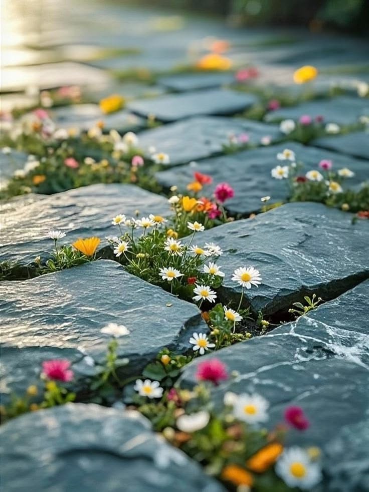 شکوفه‌های ظریف میان سنگفرش باغ