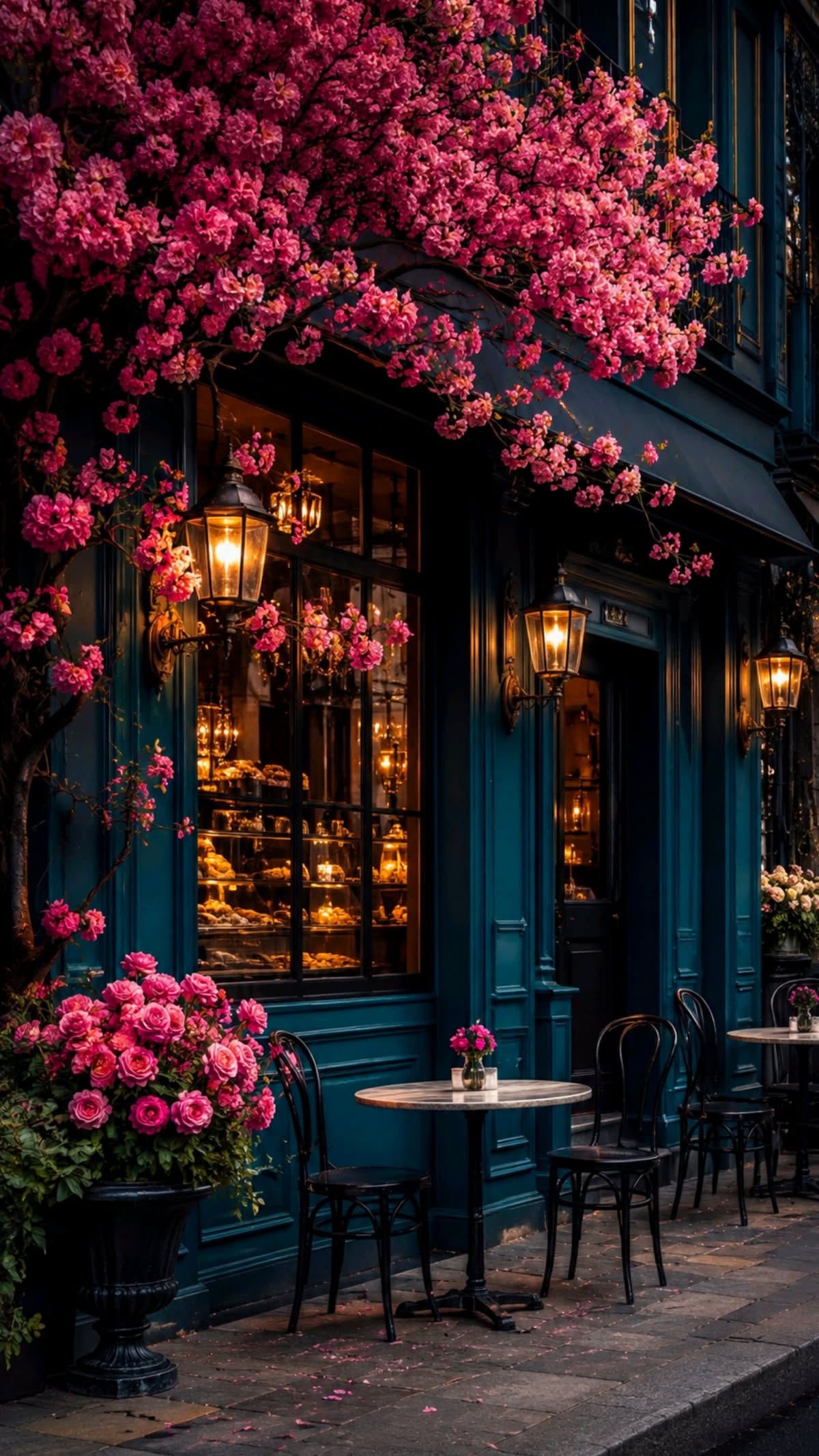 کافه‌ای رویایی زیر شکوفه‌های صورتی