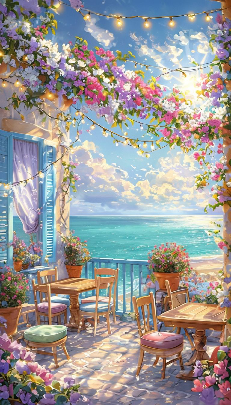 کافه ساحلی رویایی با گل‌آرایی و نور گرم