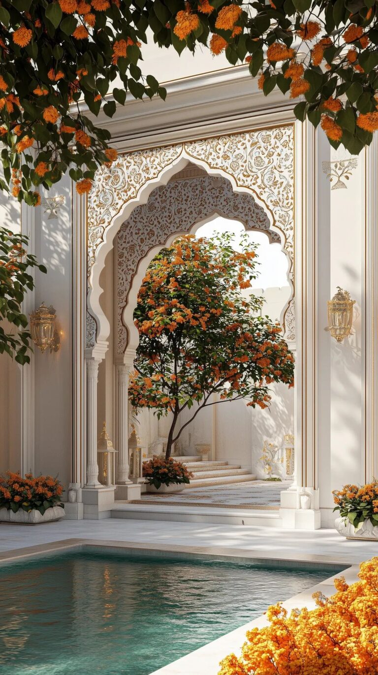 شکوه معماری شرقی در آغوش شکوفه‌های نارنجی