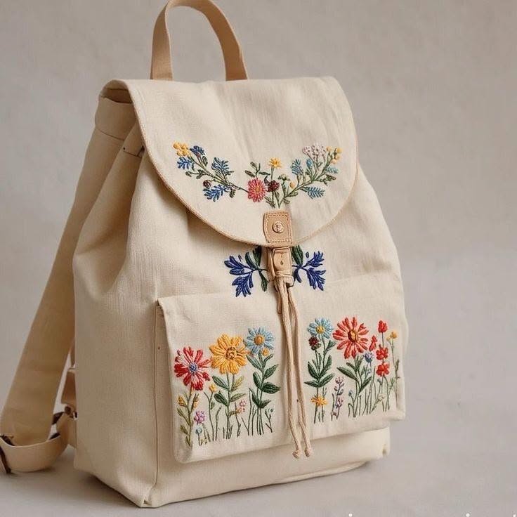 کوله پشتی پارچه‌ای گلدوزی‌شده با طرح گل