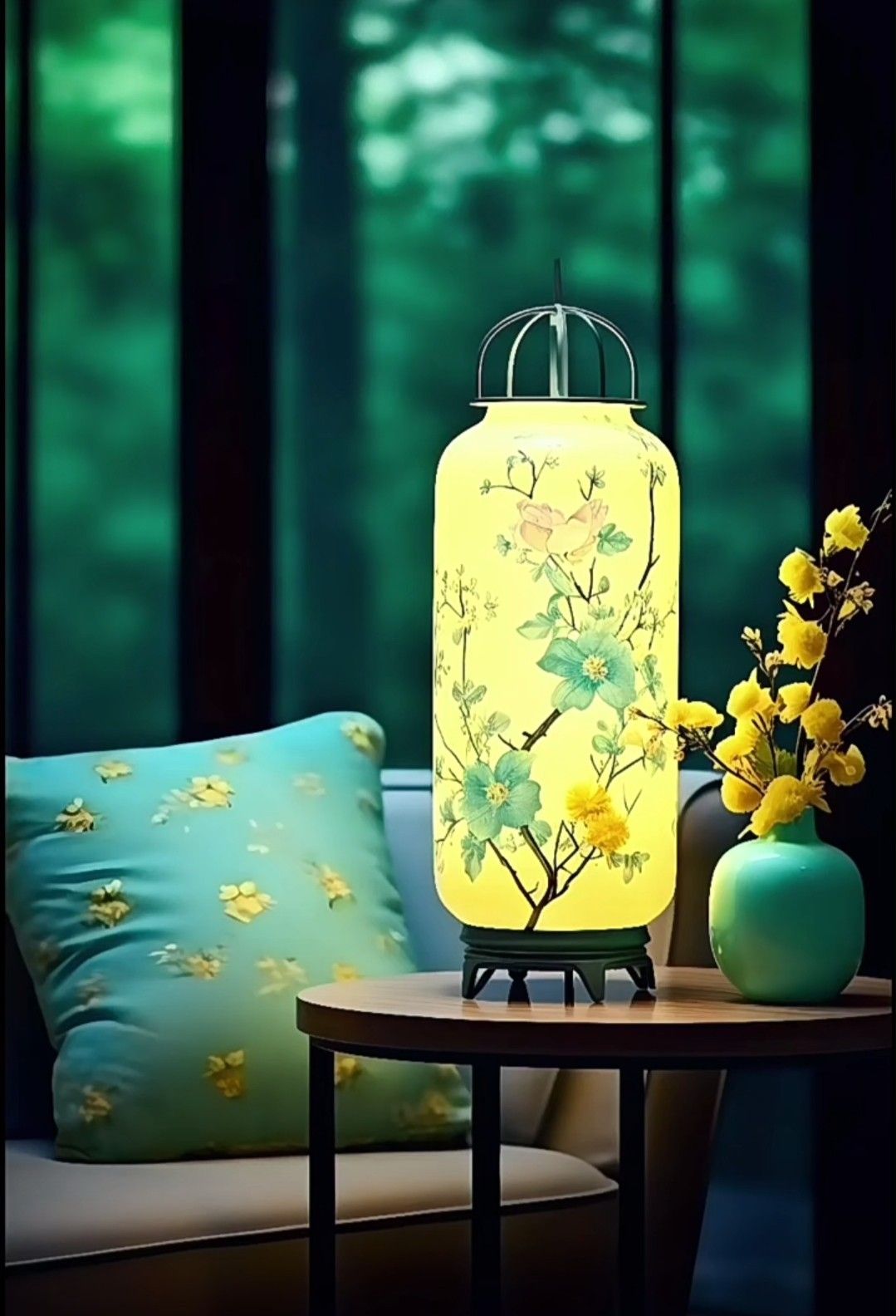 آباژور شیشه‌ای گلدار در دکور آرام نشیمن