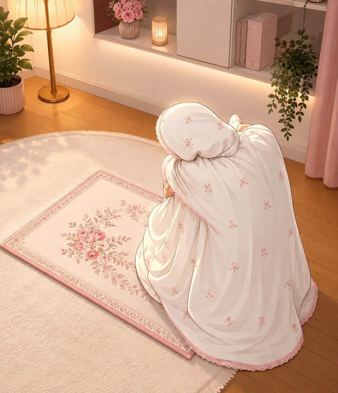 تصویر دختر محجبه در حال نماز در اتاقی آرام