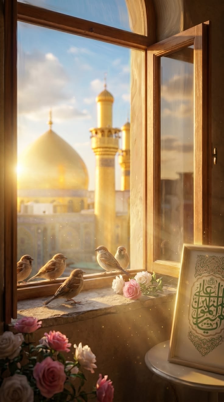 پنجره رو به گنبد طلایی با نور گرم و حس معنوی