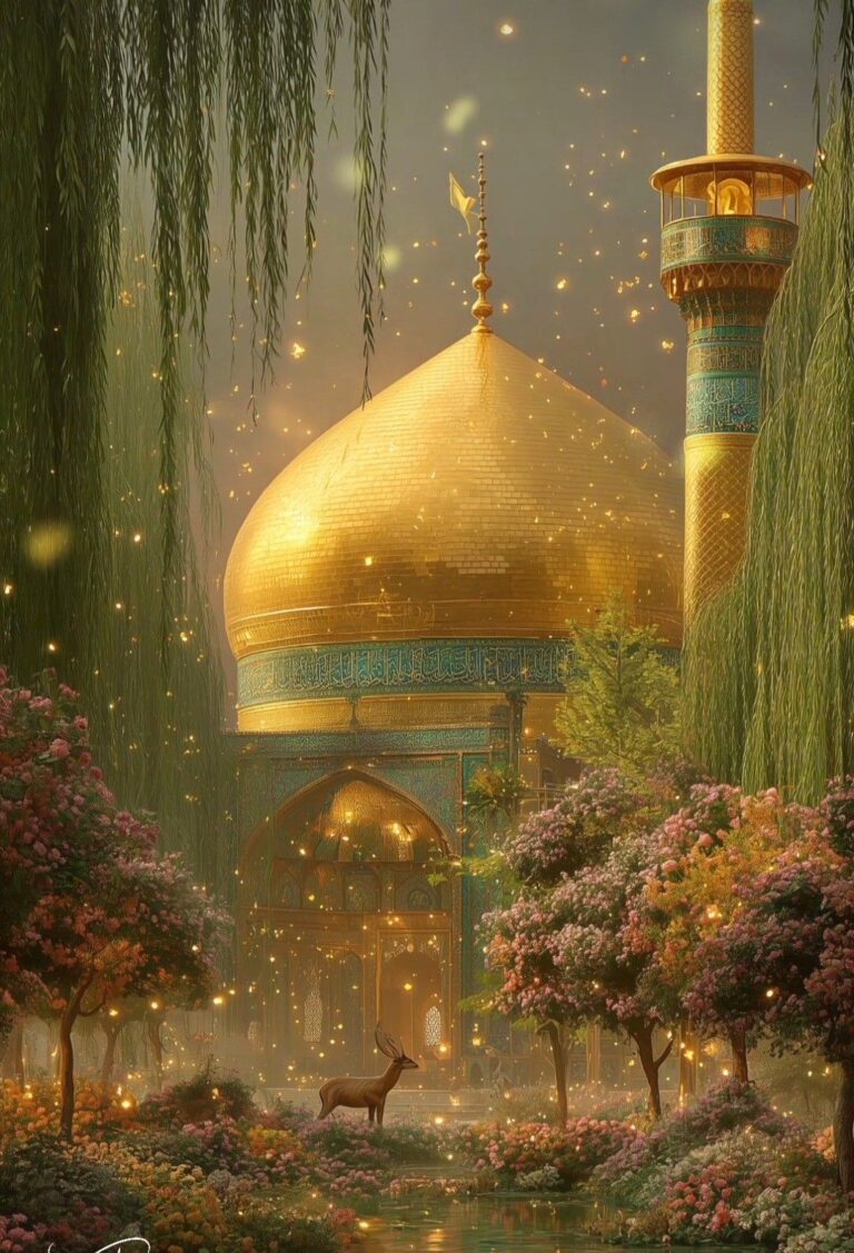 گنبد طلایی حرم در باغی رویایی و نورانی