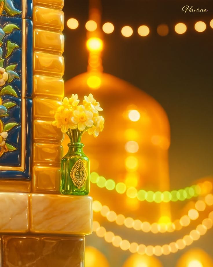 گلدان گل در کنار گنبد طلایی حرم مطهر