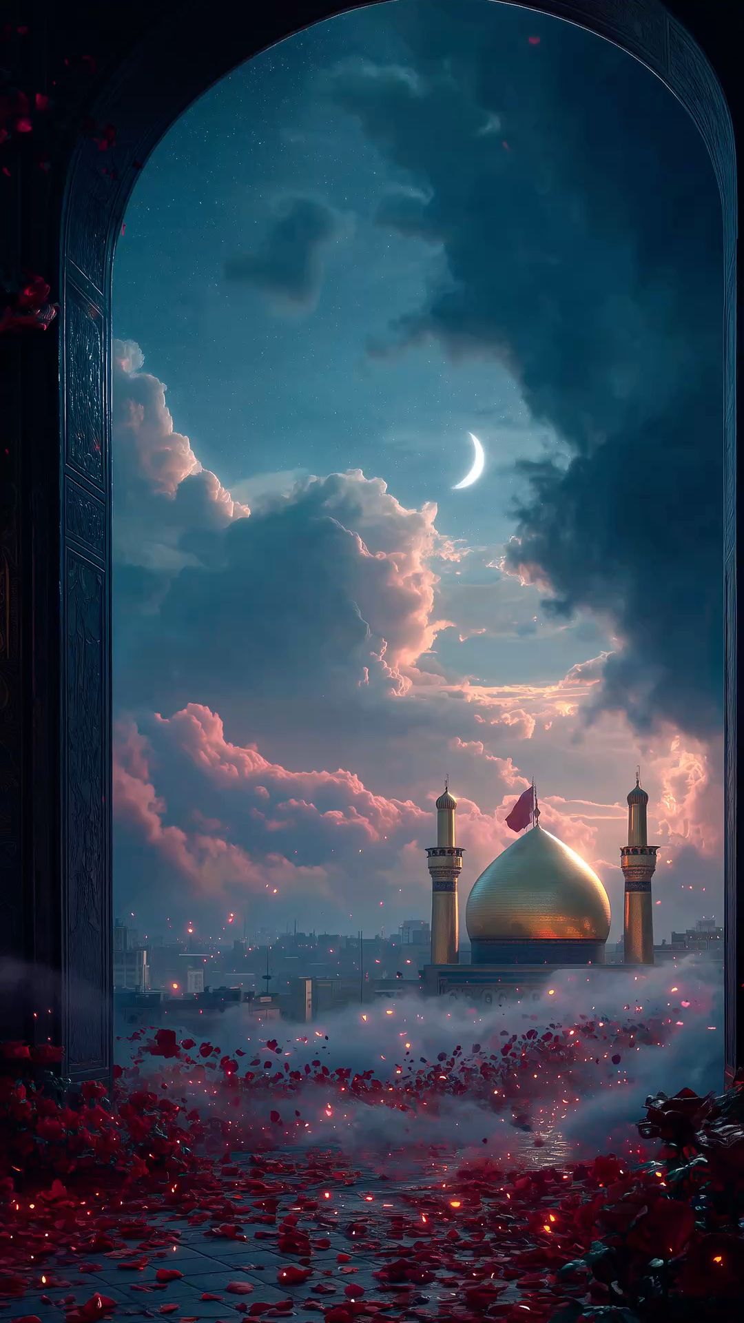 گنبد طلایی حرم در شب با هلال ماه