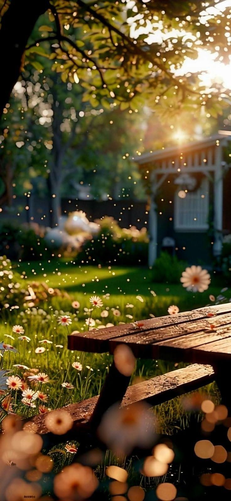 غروب طلایی در باغی آرام با میز چوبی