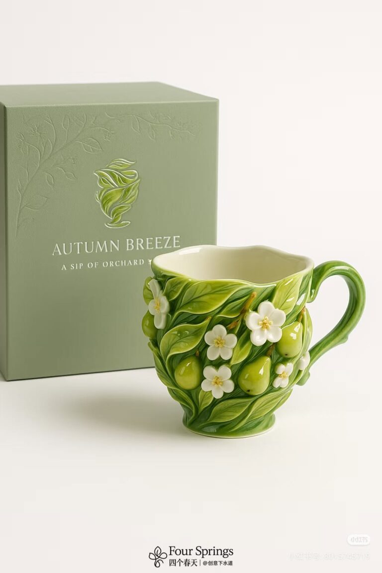 ماگ سرامیکی Autumn Breeze با طرح برگ و گل و میوه سبز سه‌بعدی
