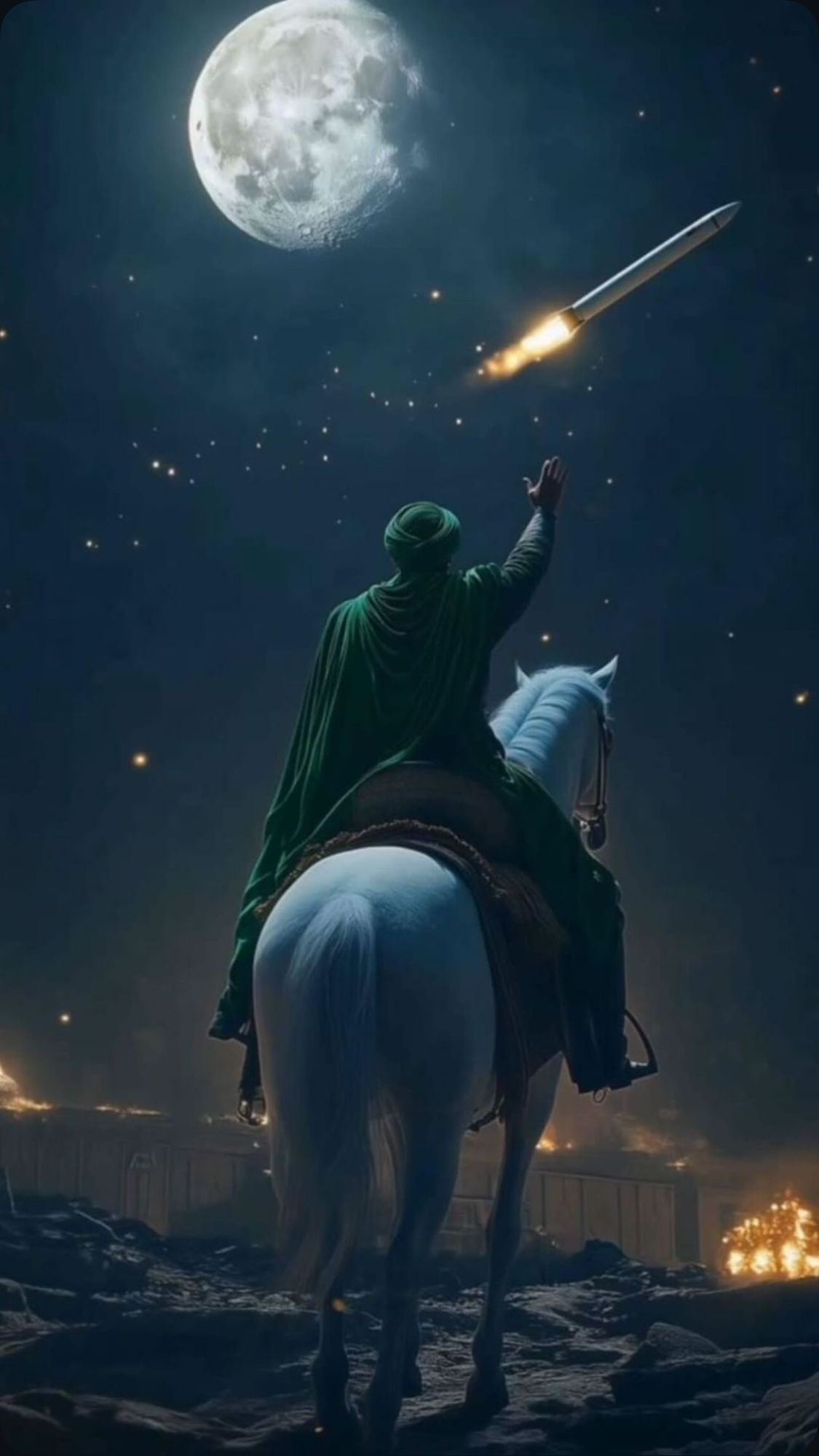 سوار سبزپوش زیر ماه و آسمان شب