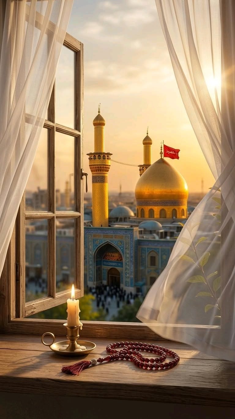 نمای حرم امام حسین از پنجره در غروب