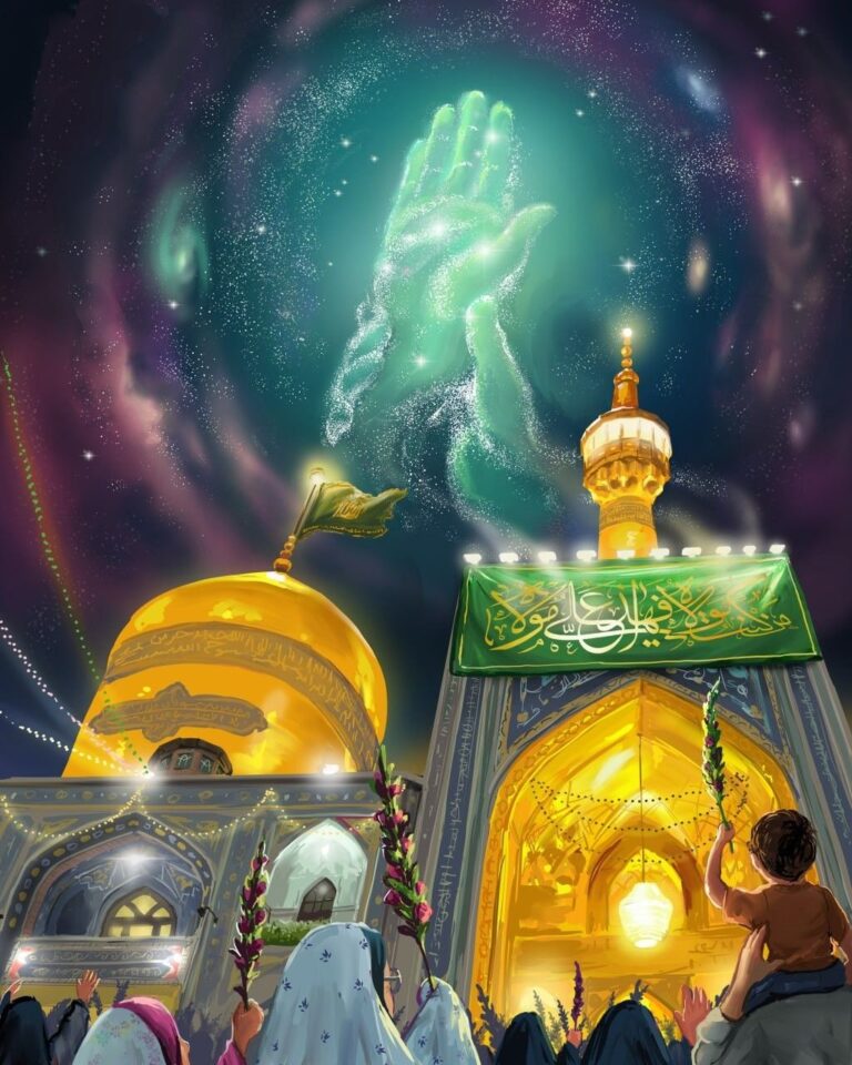 نقاشی حرم امام رضا با گنبد طلایی و آسمان نورانی
