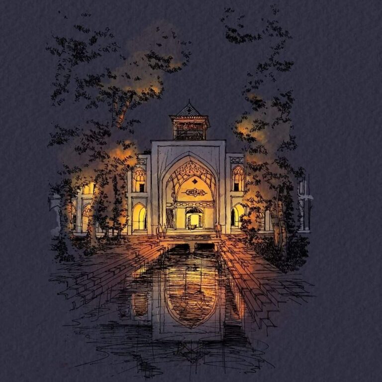 نقاشی معماری ایرانی به سبک اسکچ شبانه