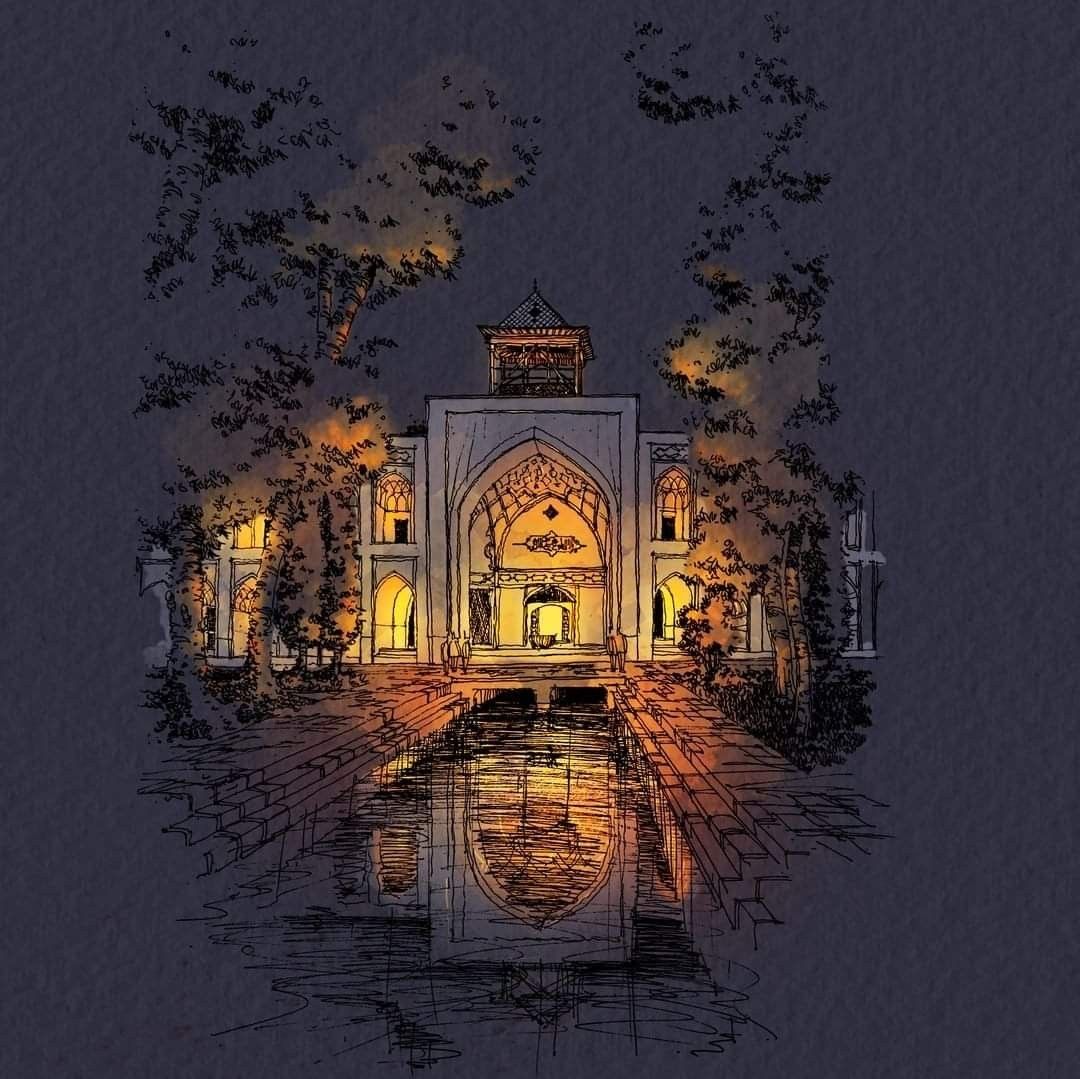 نقاشی معماری ایرانی به سبک اسکچ شبانه