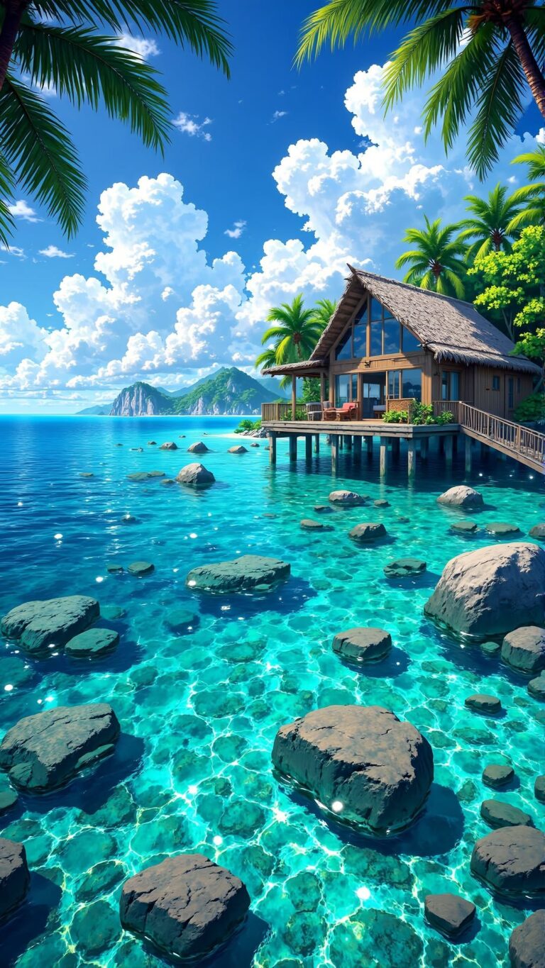 کلبه ساحلی لوکس بر فراز آب‌های فیروزه‌ای
