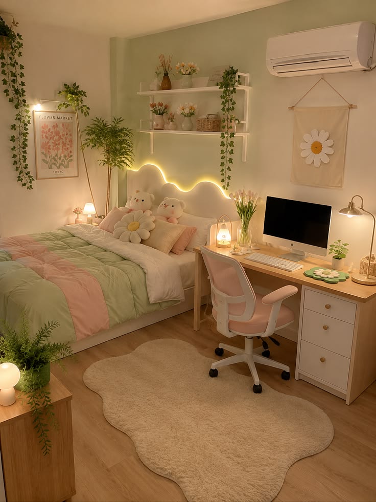 اتاق خواب مینیمال سبز و صورتی با حس لطیف