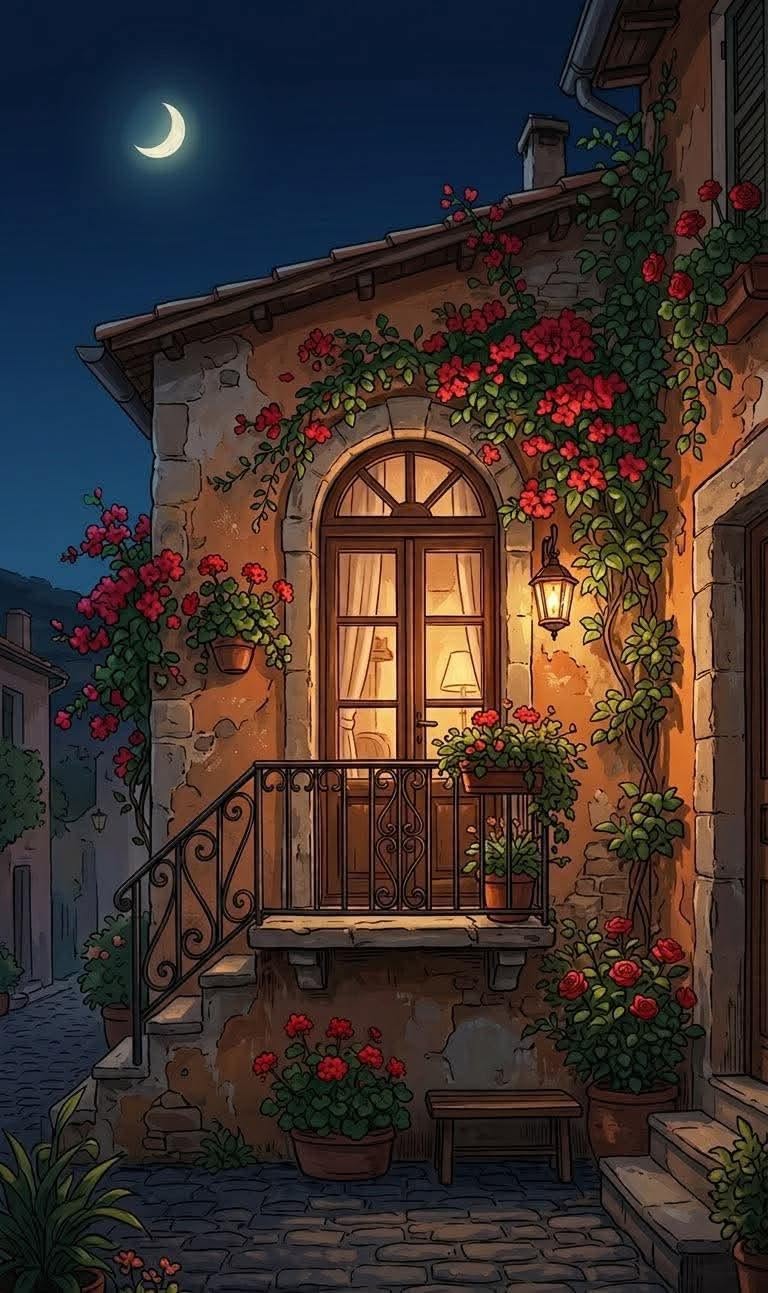 خانه سنگی گل‌پوش در شب مهتابی
