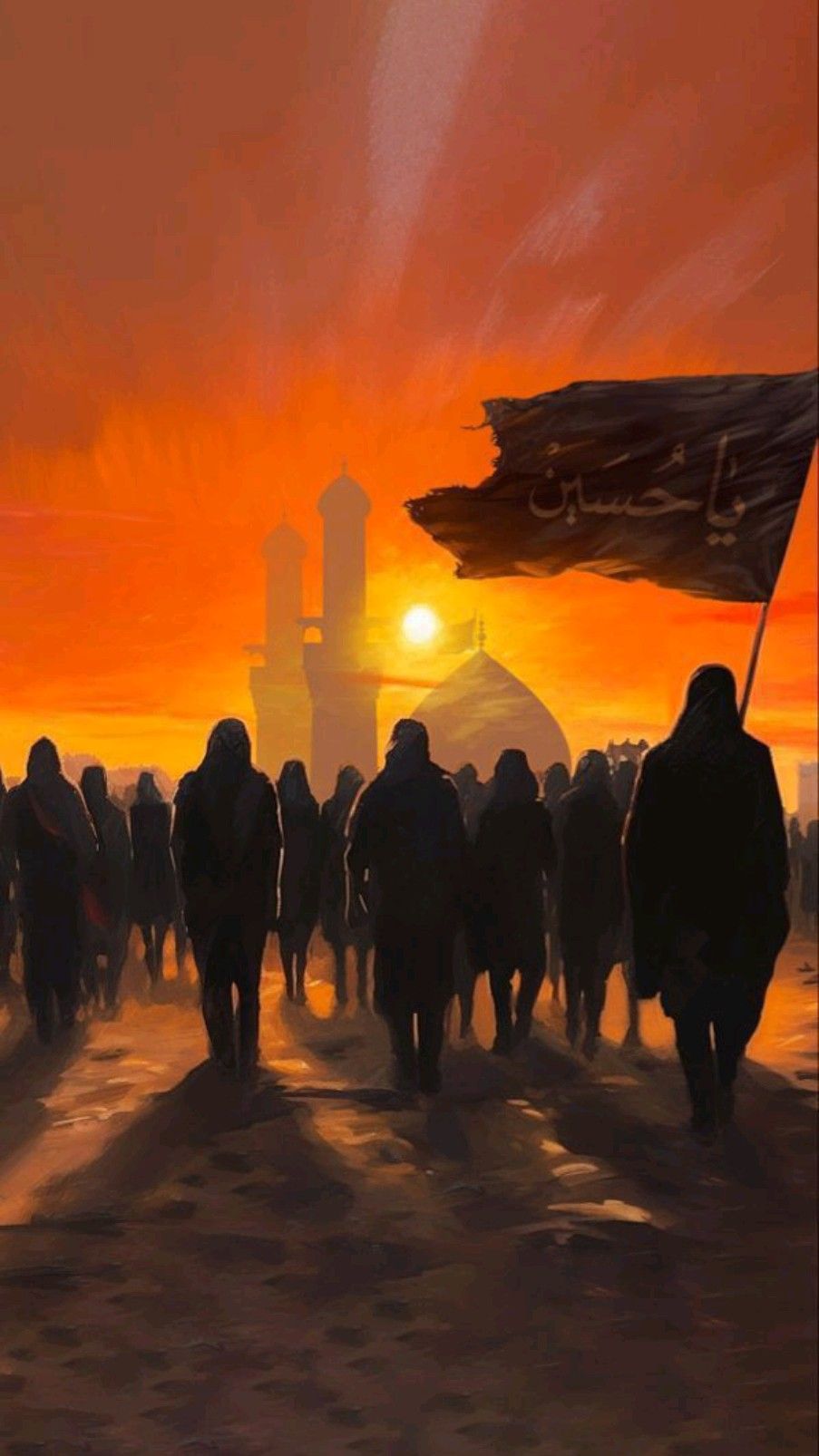صحنه سوگواری محرم با پرچم یا حسین در حرم