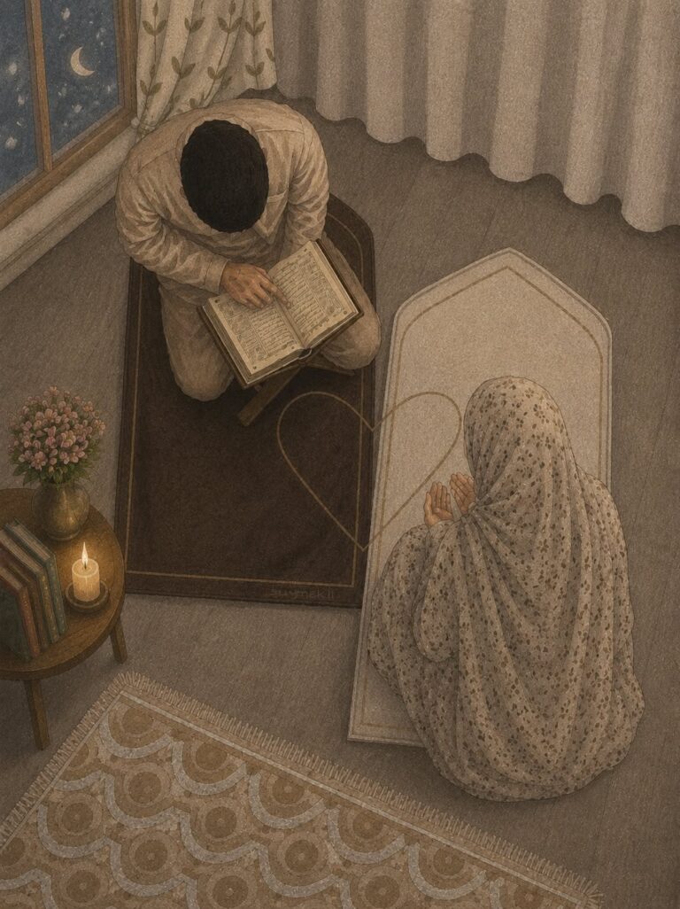 نماز و تلاوت قرآن در فضای آرام شب