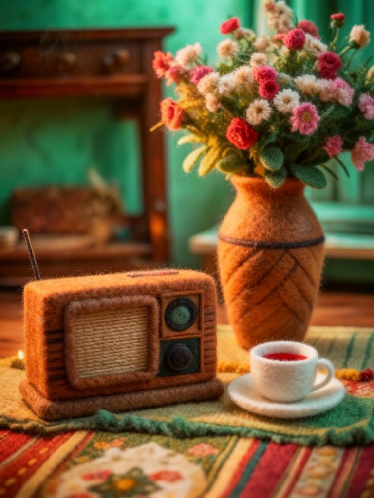 رادیوی نوستالژیک نمدی با گلدان گل و حال‌وهوای گرم