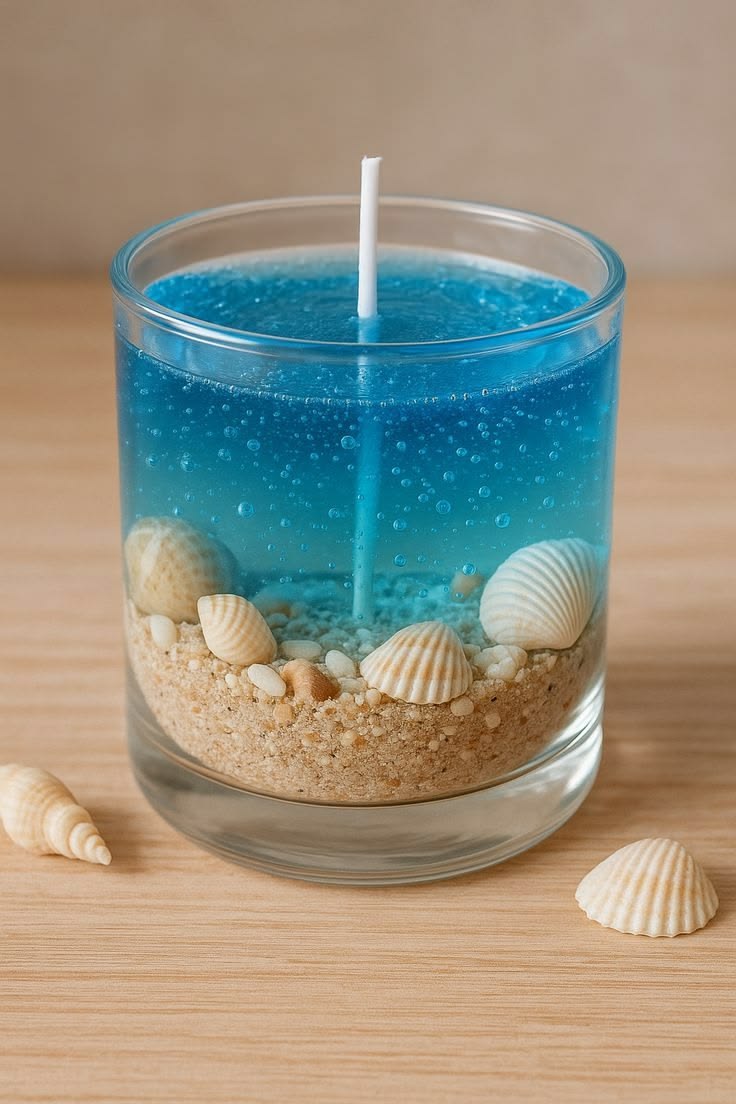 شمع ژله‌ای دریایی با صدف و شن برای دکور آرامش‌بخش