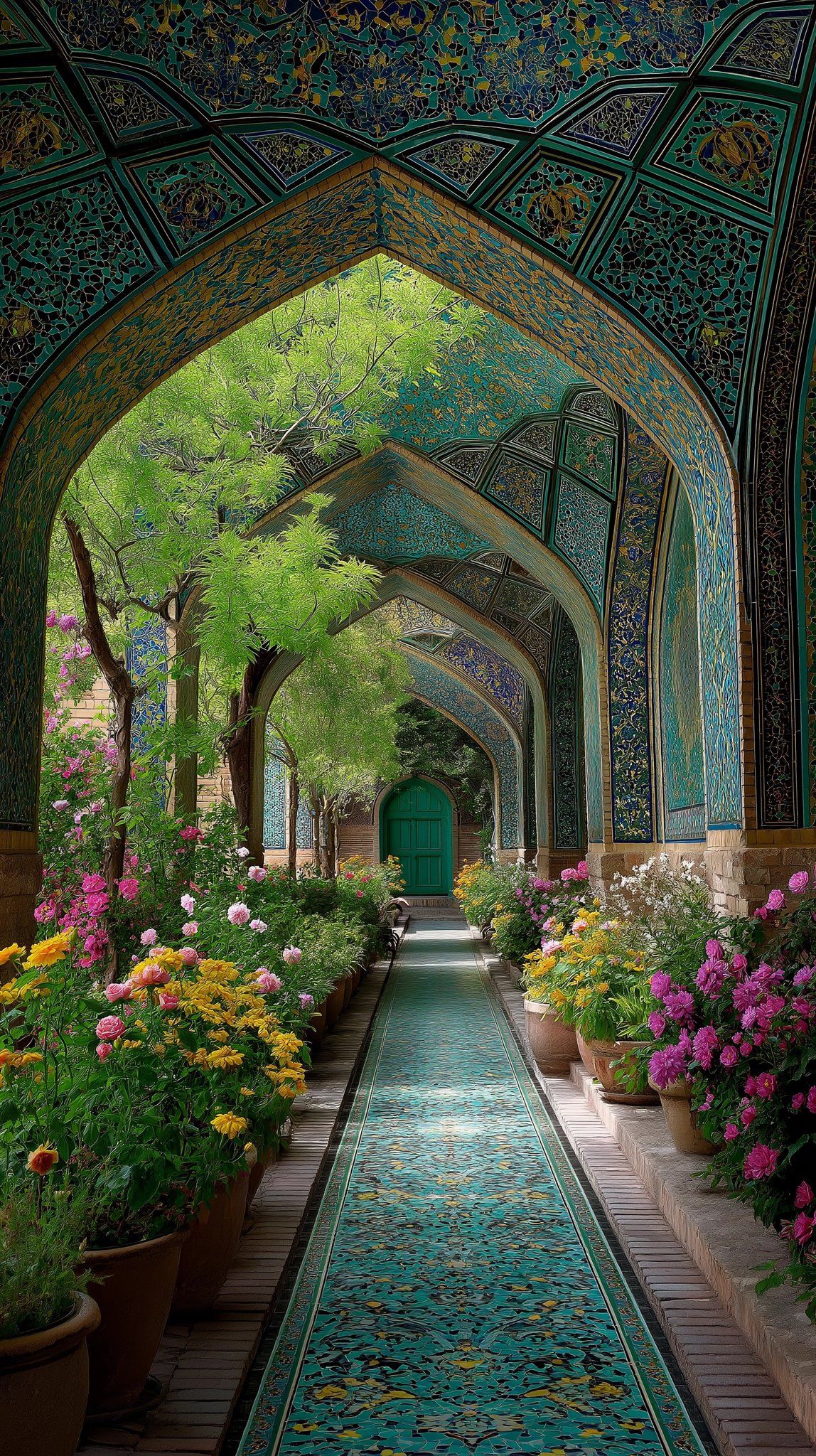 دالان فیروزه‌ای باغ ایرانی زیر طاق‌های کاشی‌کاری