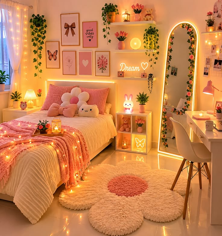 اتاق خواب دخترانه صورتی با نور گرم و دکور فانتزی