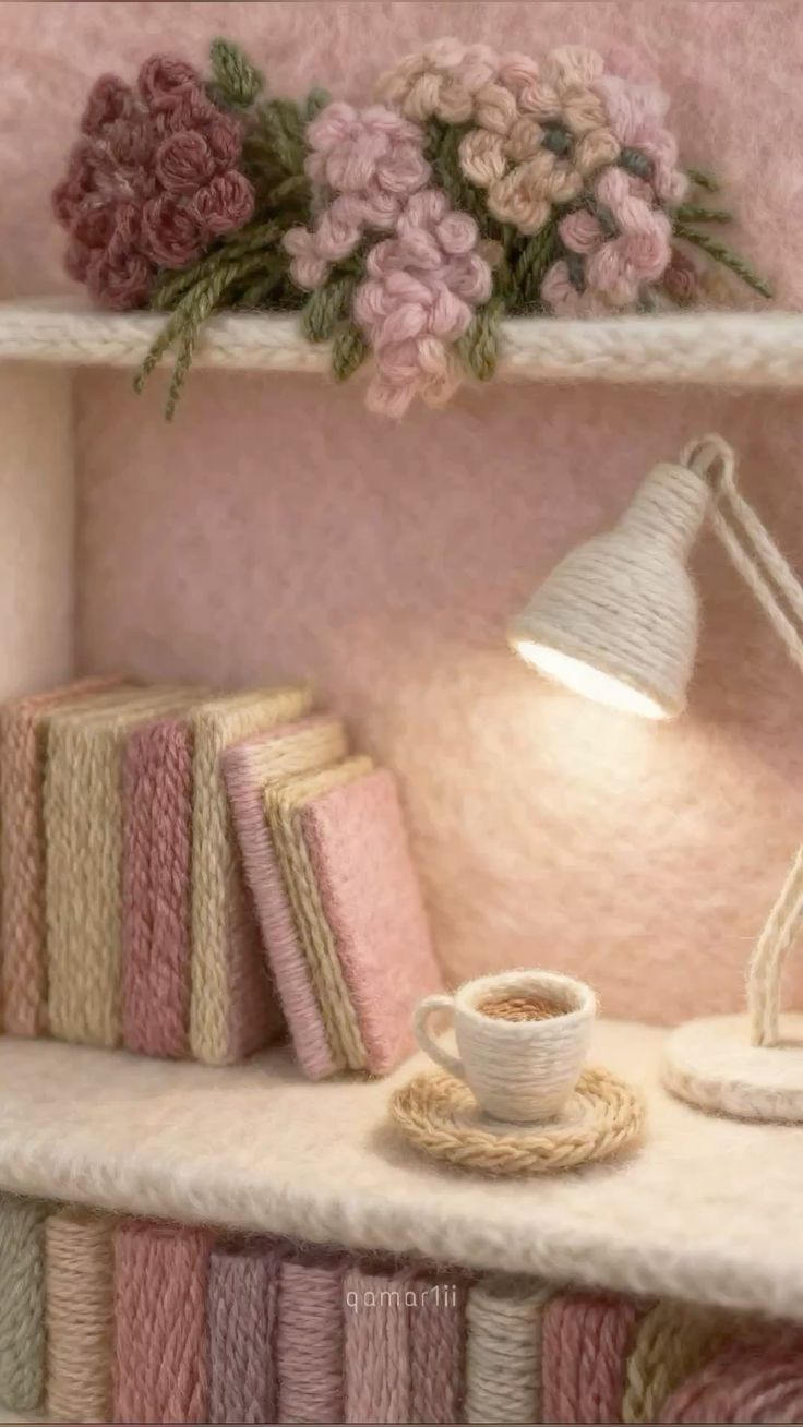 قفسه دکوری بافتنی صورتی با کتاب، گل و نور گرم
