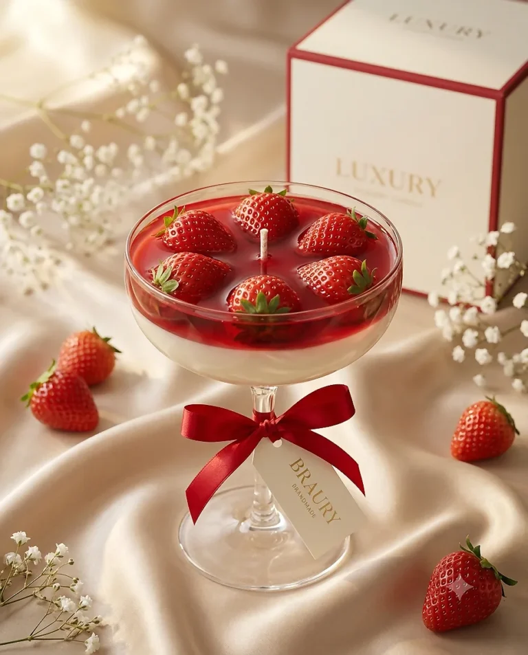 شمع دست‌ساز طرح دسر توت‌فرنگی | ایده شمع فانتزی و لوکس برای هدیه
