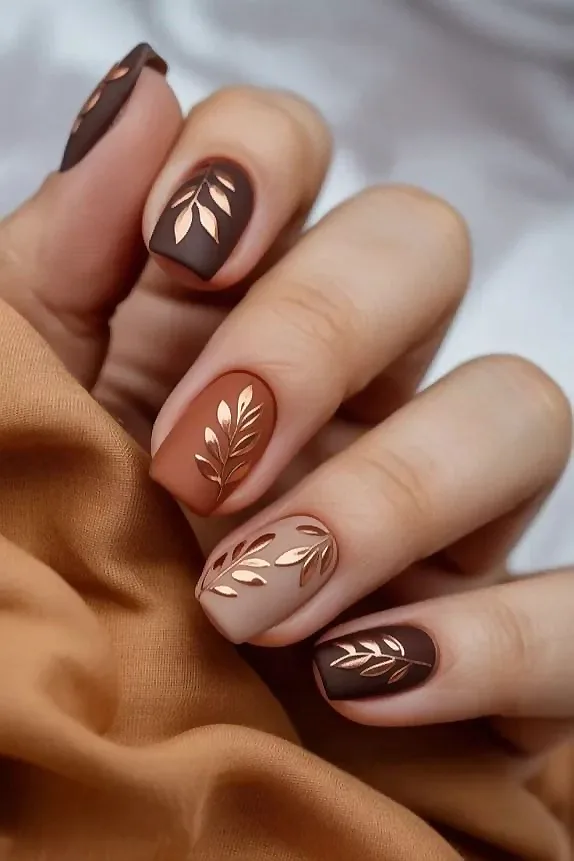 autumn-brown-leaf-nail-art-design