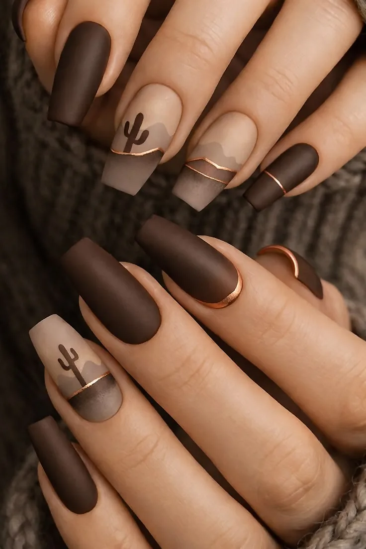 matte-brown-desert-cactus-nail-art-design