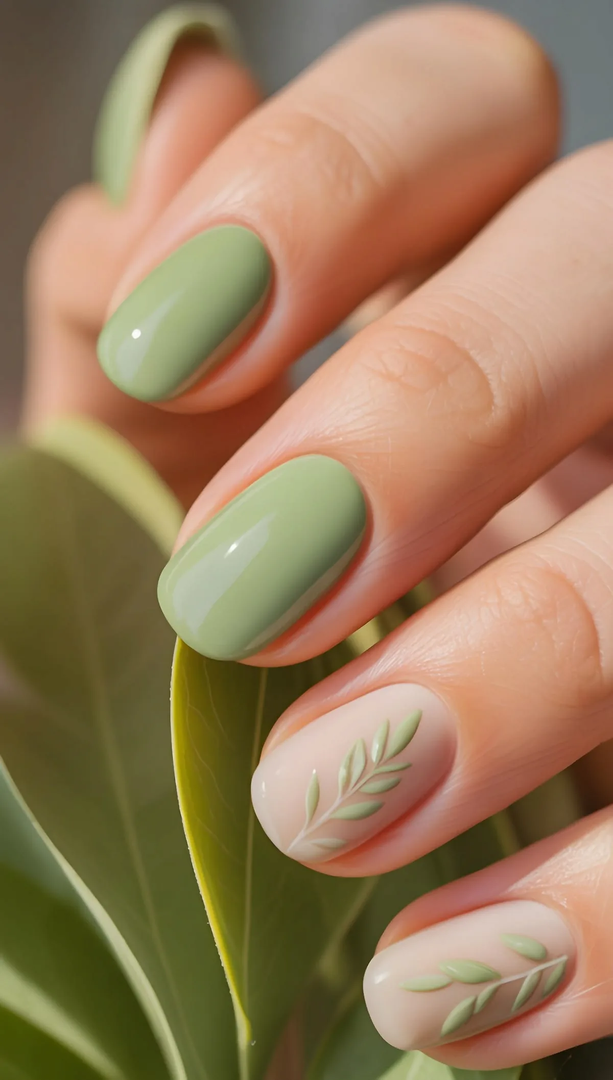 minimal-sage-green-leaf-nail-art-ideas
