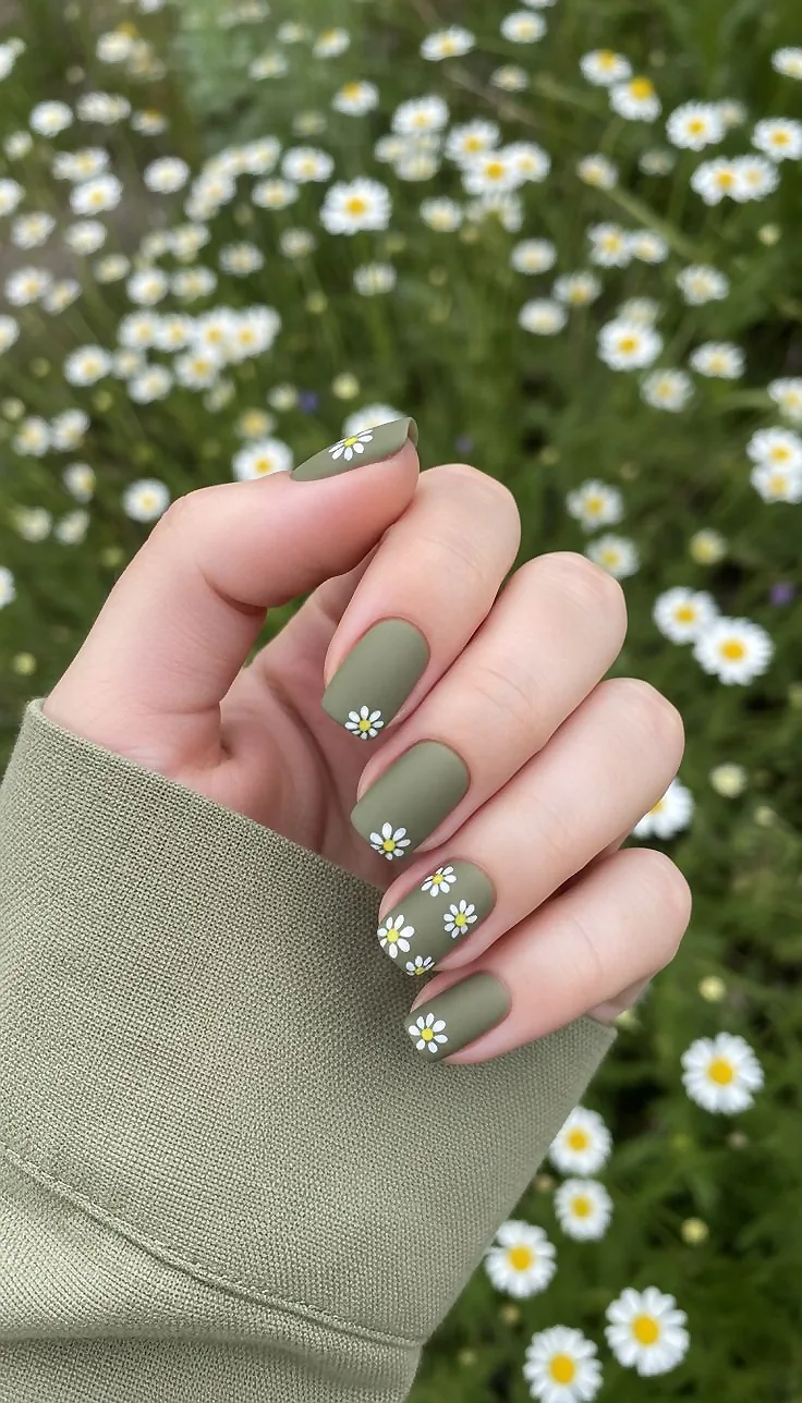 olive-green-daisy-minimal-nail-art-ideas