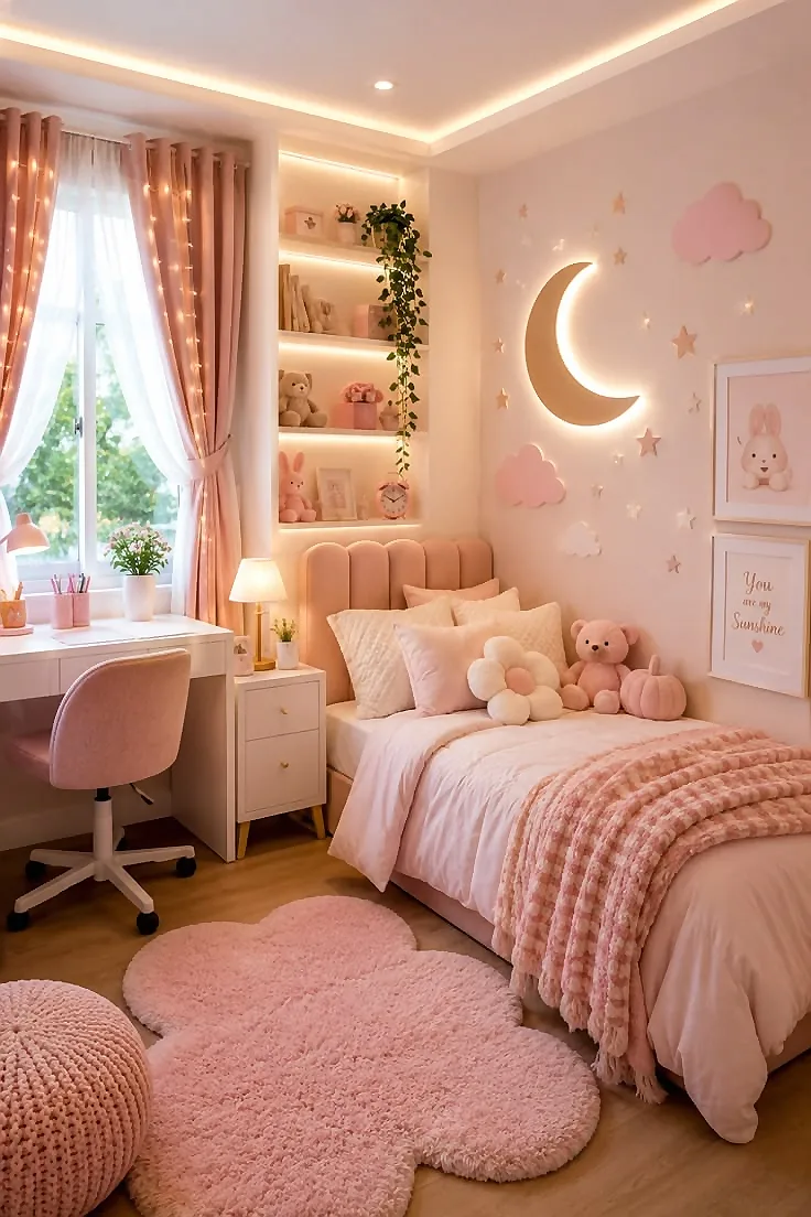 اتاق خواب کودک صورتی با دکور ماه، ابرهای فانتزی و فضایی گرم و آرام