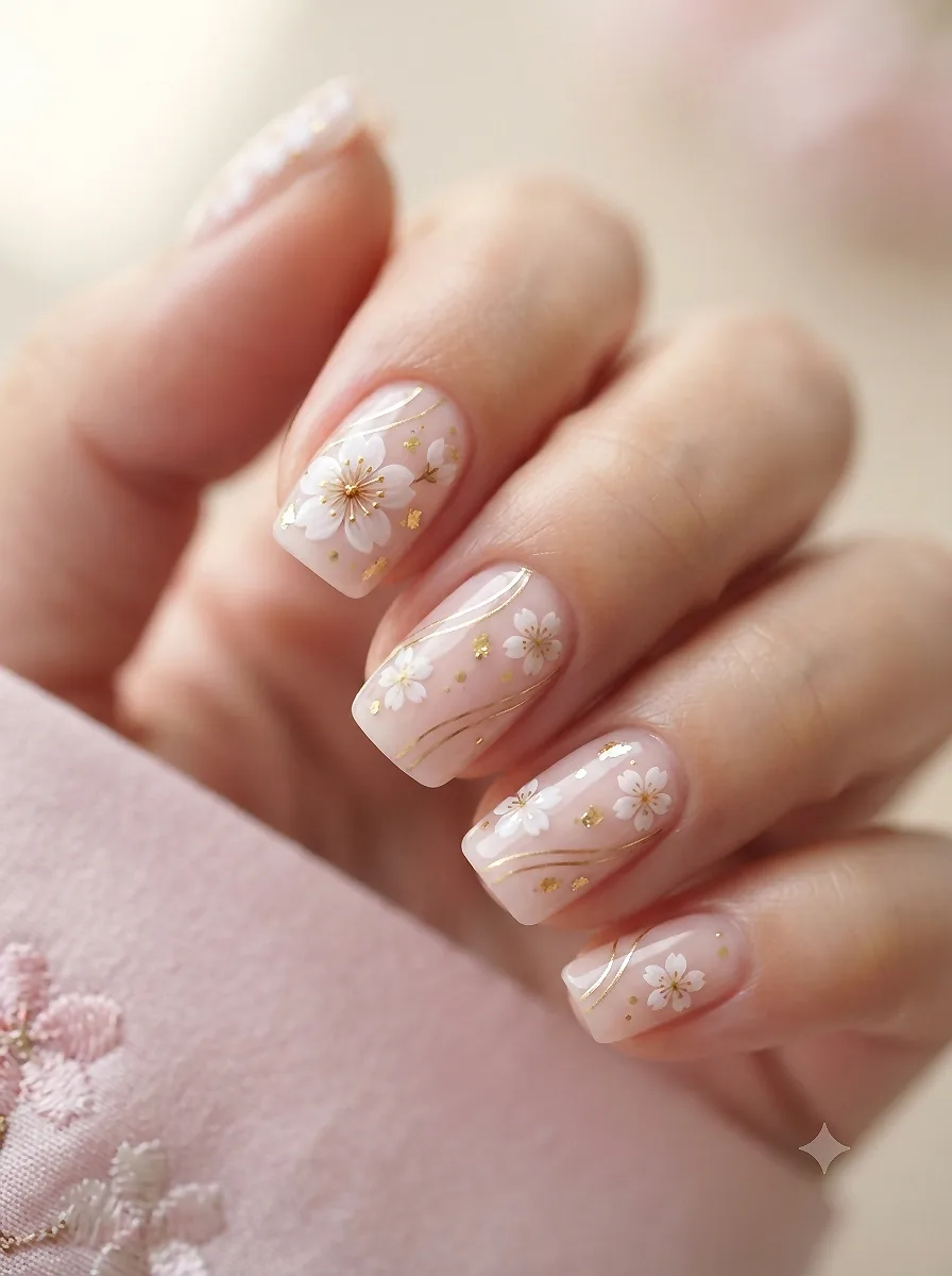 pink-sakura-gold-minimal-nail-art