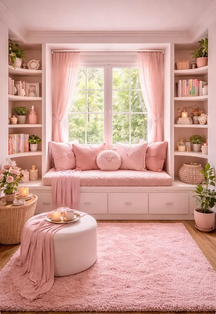 گوشه دنج کنار پنجره با دکوراسیون صورتی مینیمال و فضای آرام برای مطالعه