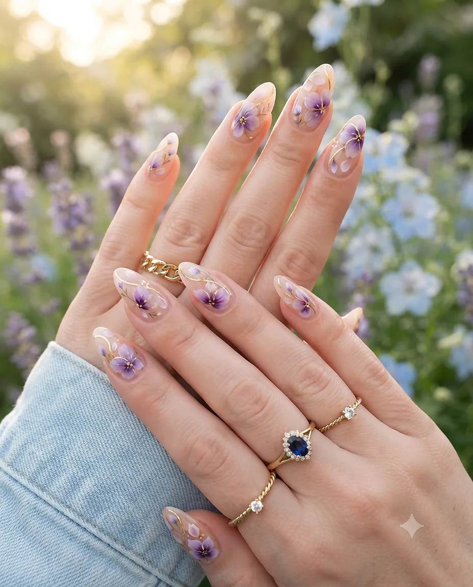 purple-floral-gold-line-nail-design