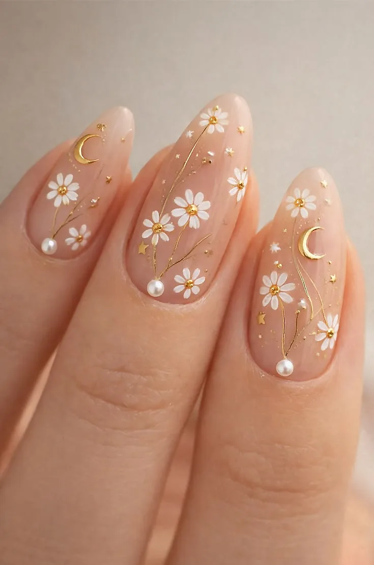 white-daisy-gold-moon-nail-art-elegant-design