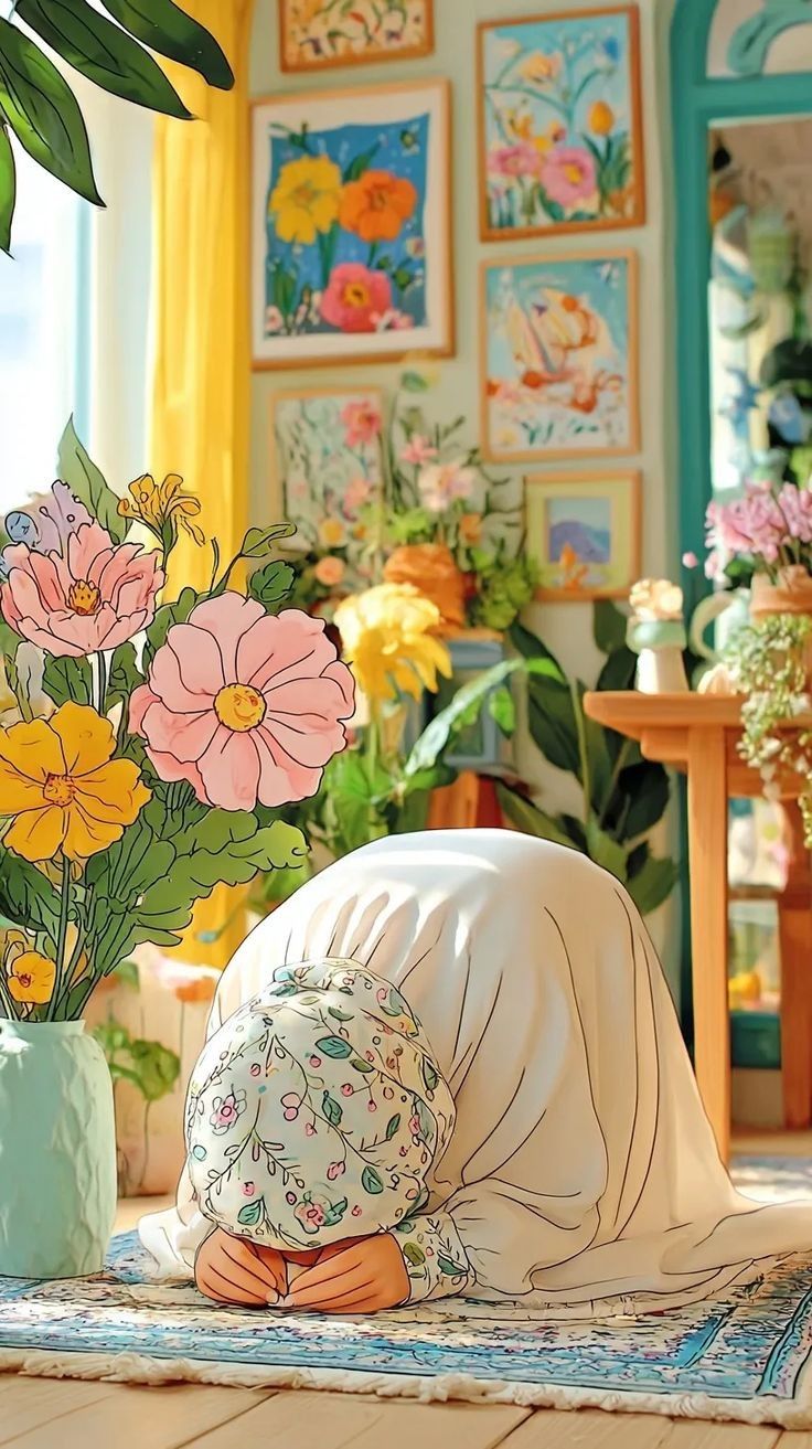 نماز در فضای گلدار با نور گرم و حس آرامش